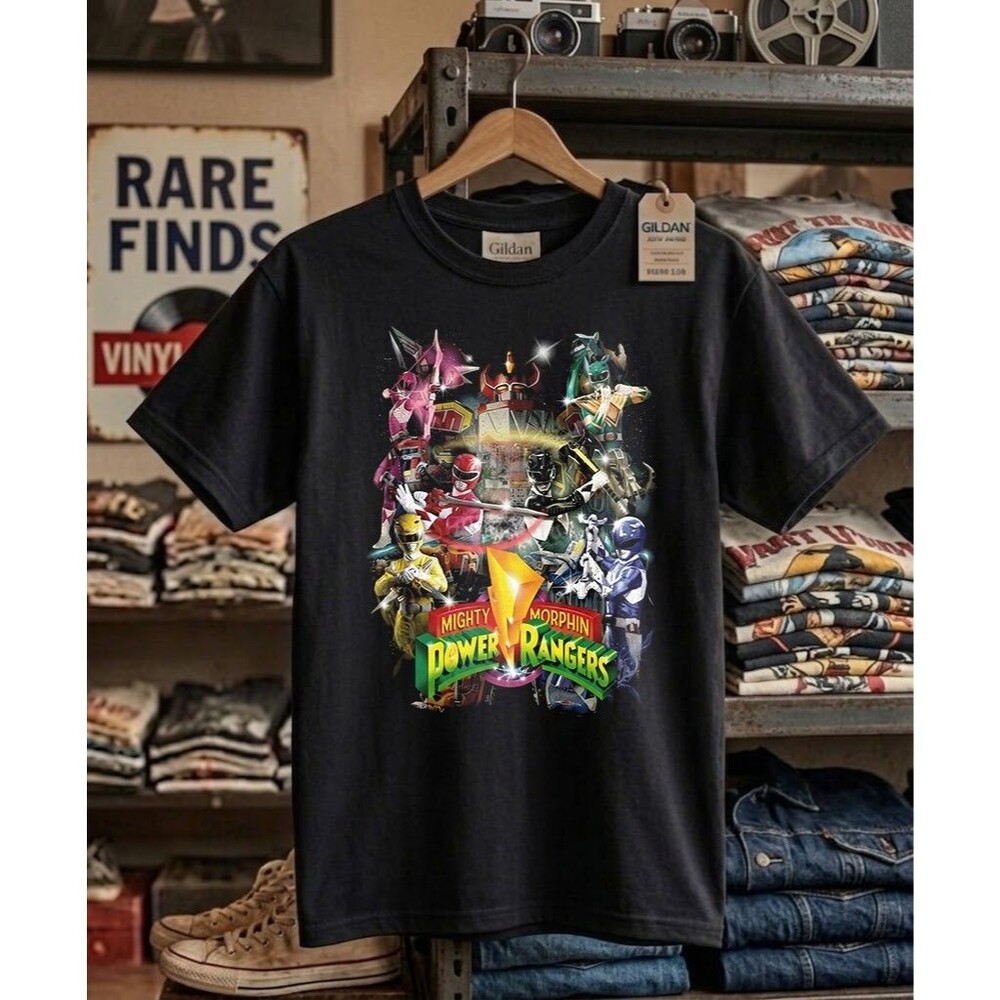 Mighty Morphin Power Rangers Vintage Graphic Tee Black Heavy Cotton T-Shirt